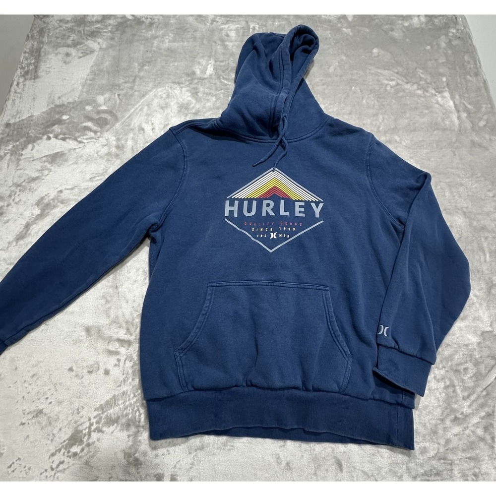 Hurley Graphic Logo Hoodie Mens Large Blue Fleece Cotton Blend Pullover EUC